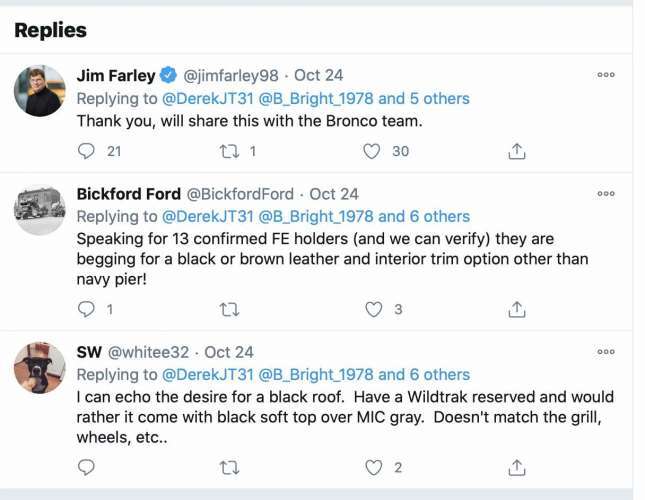 Bronco enthusiast Tweets at Jim Farley