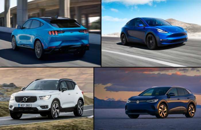 The Mustang Mach E, XC40 Recharge, Model Y, and ID.4 are great examples of electric crossovers