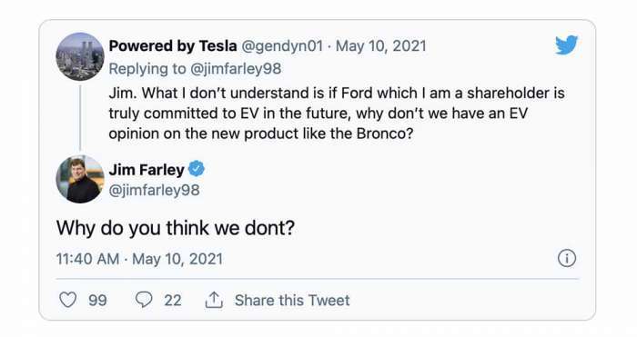 Jim Farley Bronco EV Tweet