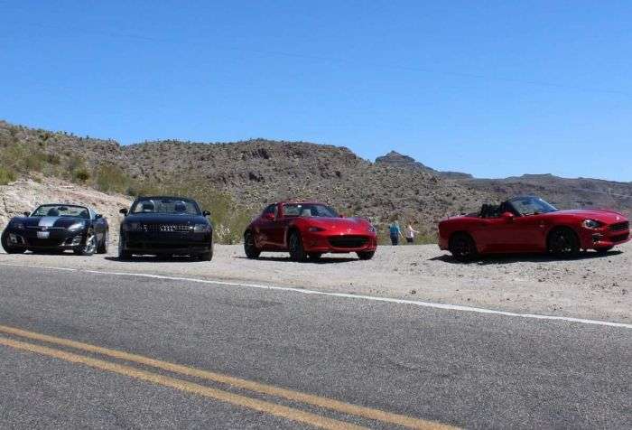 Fiat Spider and 2018 Mazda Miata Roadsters taking a break and enjoying the views at Sitgreaves Pass