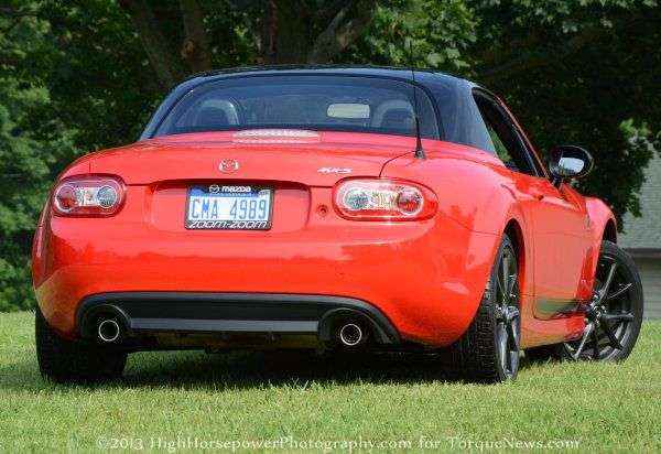 The rear end of the 2013 Mazda MX-5 Club with the top up