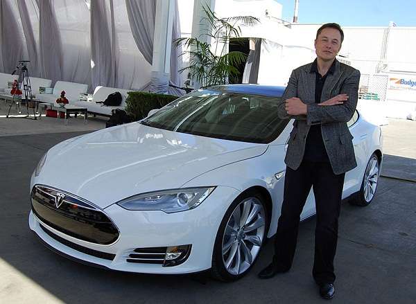 Elon Musk in front of Tesla Model S