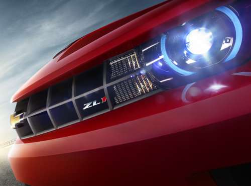 The headlight and badging of the Chevy Camaro ZL1