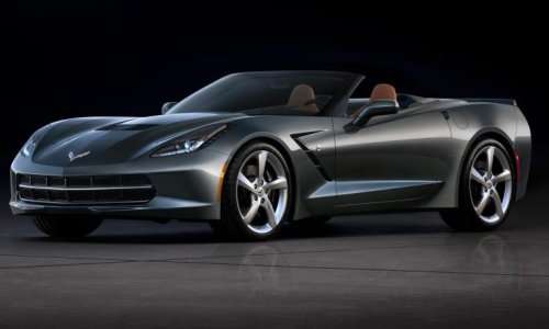 The front end of the 2014 Chevrolet Corvette Stingray Convertible in grey