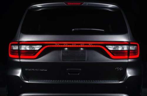 The rear end of the 2014 Dodge Durango R/T all lit up