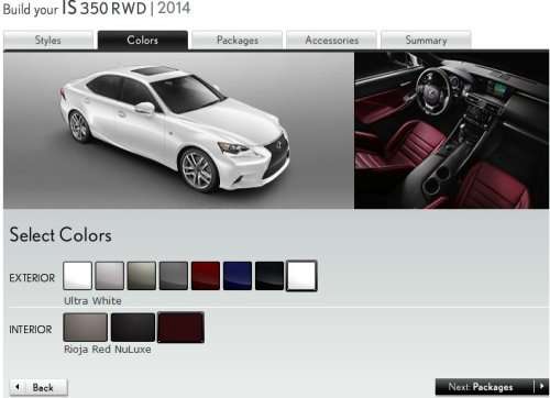 A Screenshot of the 2014 Lexus IS350 build page