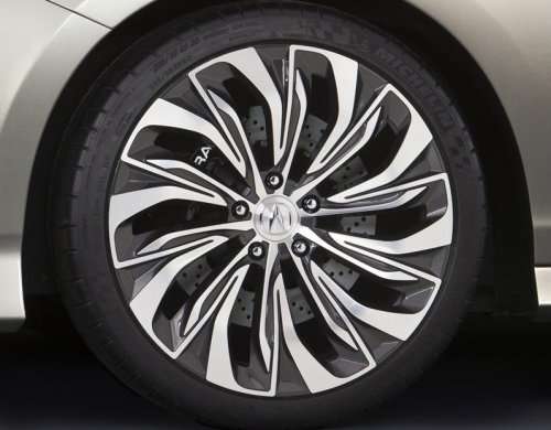 A close up of the wheel of the Acura RLX Concept