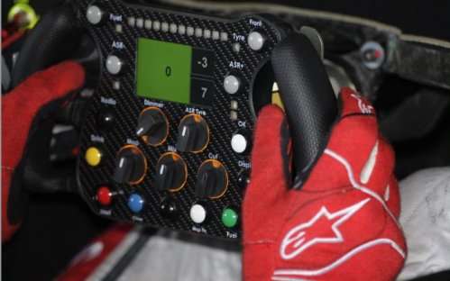 The steering wheel of the Audi R18 TDI race car