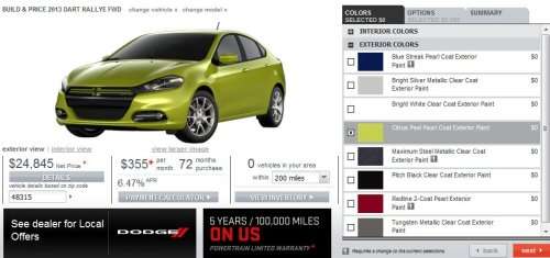 A screenshot of the 2013 Dodge Dart build page