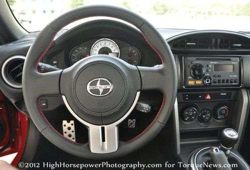 The cockpit of the 2013 Scion FR-S