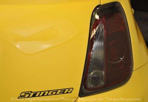 A close up look at the taillight and Stinger badge of the Fiat 500 Stinger