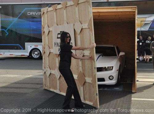 The crate of the Chevrolet Camaro COPO Concept being opened