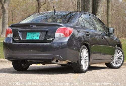 The back end of the 2012 Subaru Impreza 2.0i Premium sedan