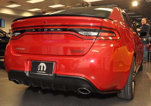 A low angle shot of the 2013 Dodge Dart GTS 210 Tribute rear end