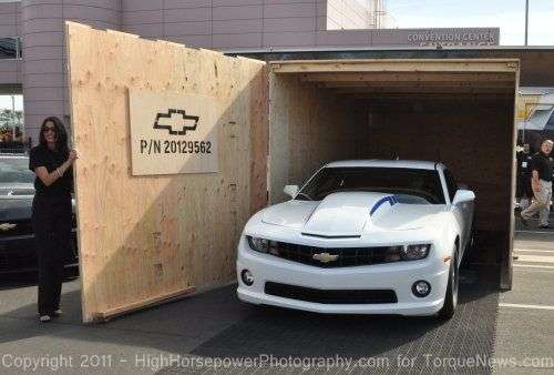 The Chevrolet Camaro COPO Concept rolling out of its crate