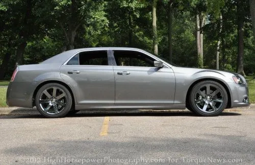 The side profile of our 2012 Chrysler 300C SRT8 test car