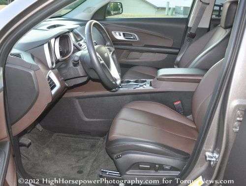 The front interior of the 2012 Chevrolet Equinox AWD LTZ with the two tone trim 