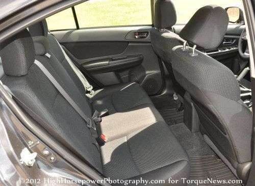 The rear seating area of the 2012 Subaru Impreza 2.0i Premium sedan