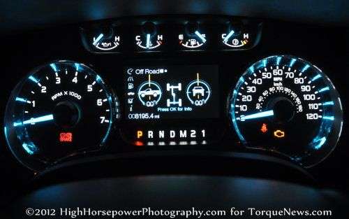 The lit up gauges of the 2012 Ford F150 4x4 XLT EcoBoost