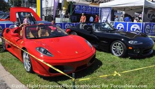 A Ferrari next to a Dodge Viper roadster