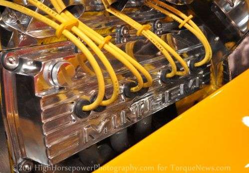 A close up of the unique valve cover of the Maxi Cooper