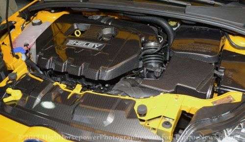 The engine bay of the 2013 Shelby Focus ST