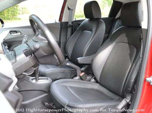 The front seats of the 2012 Chevrolet Sonic LTZ 5-Door Turbo