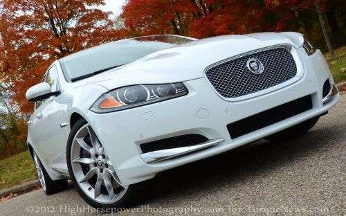 The front end of the 2012 Jaguar XF Supercharged in Polaris White