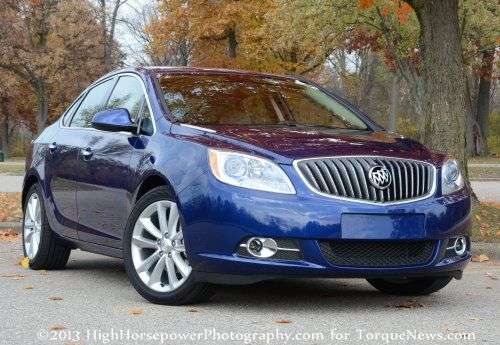 The front end of the 2013 Buick Verano in Luxo Blue Metallic