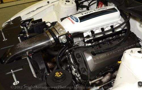The engine bay of the Ford Racing Twin Turbo Cobra Jet Concept