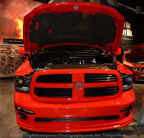 The front end of the Ram 1500 Little Red Express image vehicle at SEMA