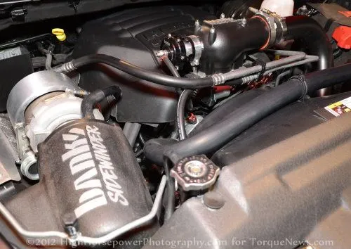 The engine bay of the Ram 1500 Little Red Express
