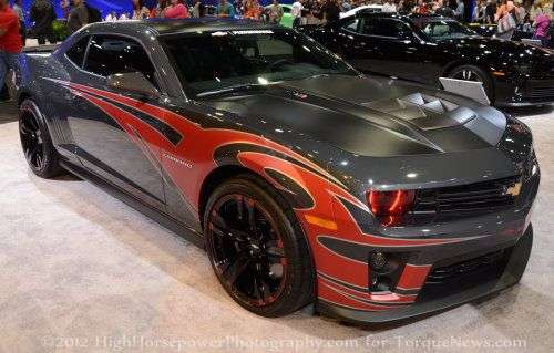 A front corner shot of Tony Stewart's custom Chevrolet Camaro ZL1