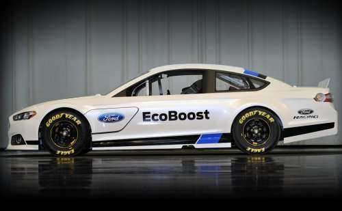The side profile of the 2013 Ford Fusion NASCAR race car