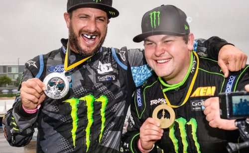 Ken Block and Liam Doran celebrate after their 1-2 finish