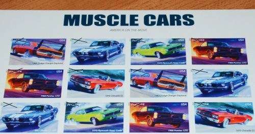 The USPS Muscle Car stamps with black Xs over the value