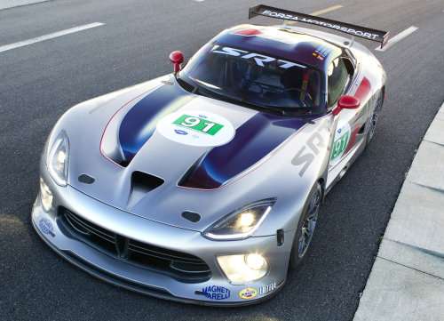 A high angle front shot of the 2013 SRT Viper GTS-R ALMS race car