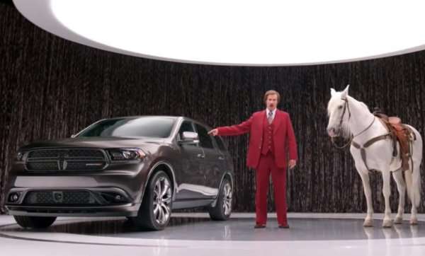Ron Burgundy with the Dodge Durango and a horse