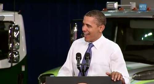 President Obama speaking at the Daimler/Freightliner plant in Mt. Holly NC