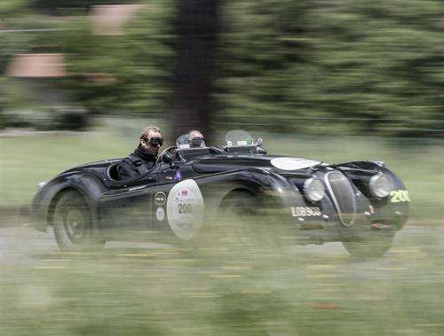 Sir Chris Hoy and Andy Wallace in a classic Jaguar XK120