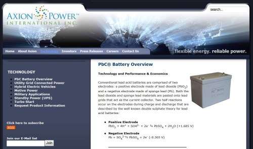 Axion Power webpage describes its proprietary PbC(R) electrodes