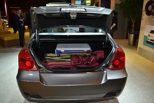 Open trunk of CODA Automotive EV at 2011 LA Auto Show