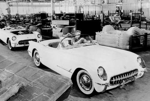 The first Chevy Corvette rolls of the line on June 30, 1953. Image courtesy GM