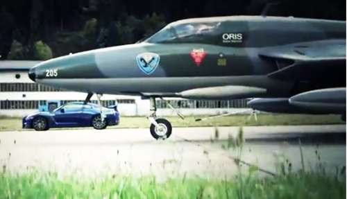 The Nissan GT-R racing the Oris Swiss Hunter jet. Still from YouTube video. 
