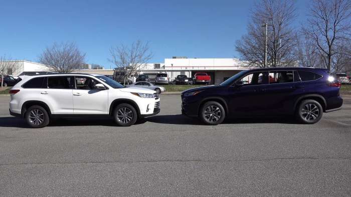 2019 Toyota Highlander XLE Blizzard Pearl profile view and 2020 Toyota Highlander XLE Blueprint profile view