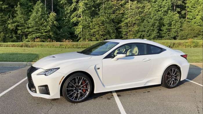 2020 Lexus RC F Ultra White profile view front end front grille 2020 Lexus RC F review