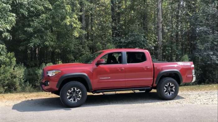 2020 Toyota Tacoma TRD Off-Road Barcelona Red double cab profile view