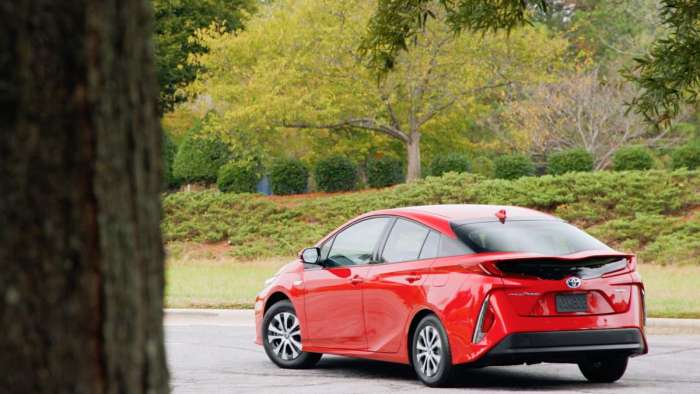 2020 Toyota Prius Prime Red Rear Shot In Forest