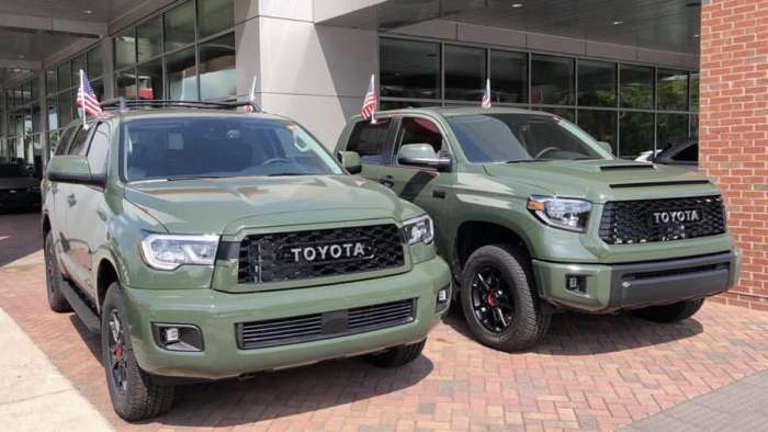 2020 Toyota Tundra TRD Pro Army Green front end and 2020 Toyota Sequoia TRD Pro Army Green front end