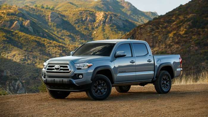 2021 Toyota Tacoma Trail Edition Cement color front end and profile view